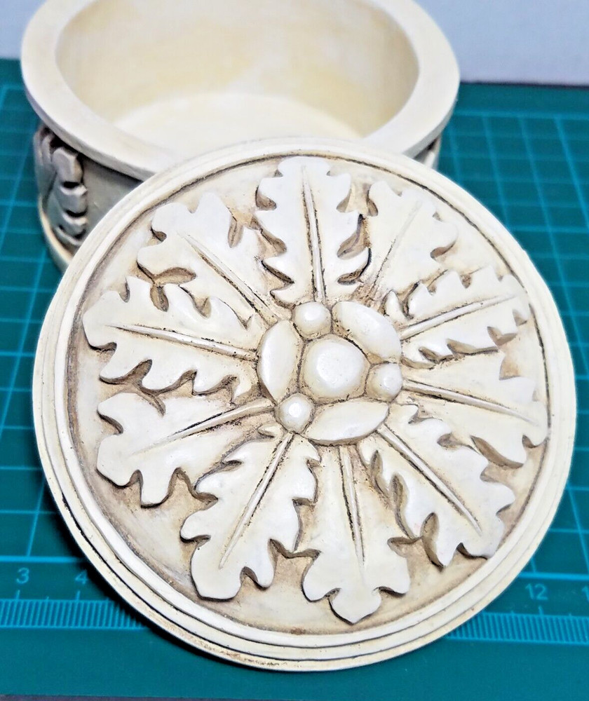 Vintage Stamped Deval Round Ceramic Trinket Box Leaf Design Toronto Canada