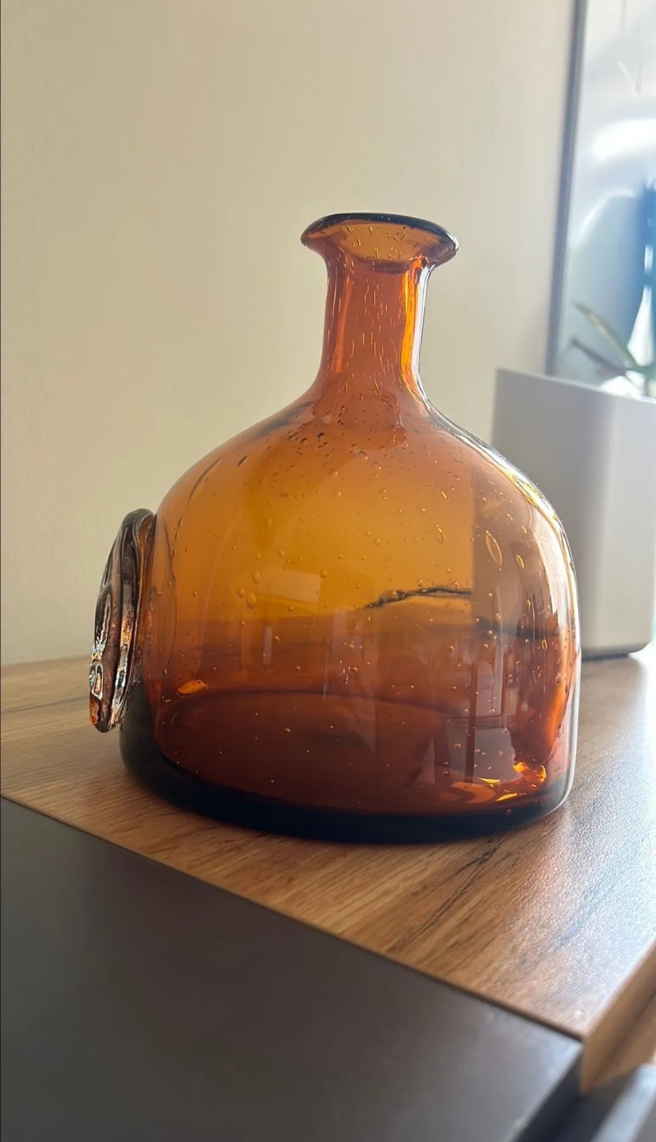 MCM Glass Amber Decanter with Fleur De Lis Applied Design