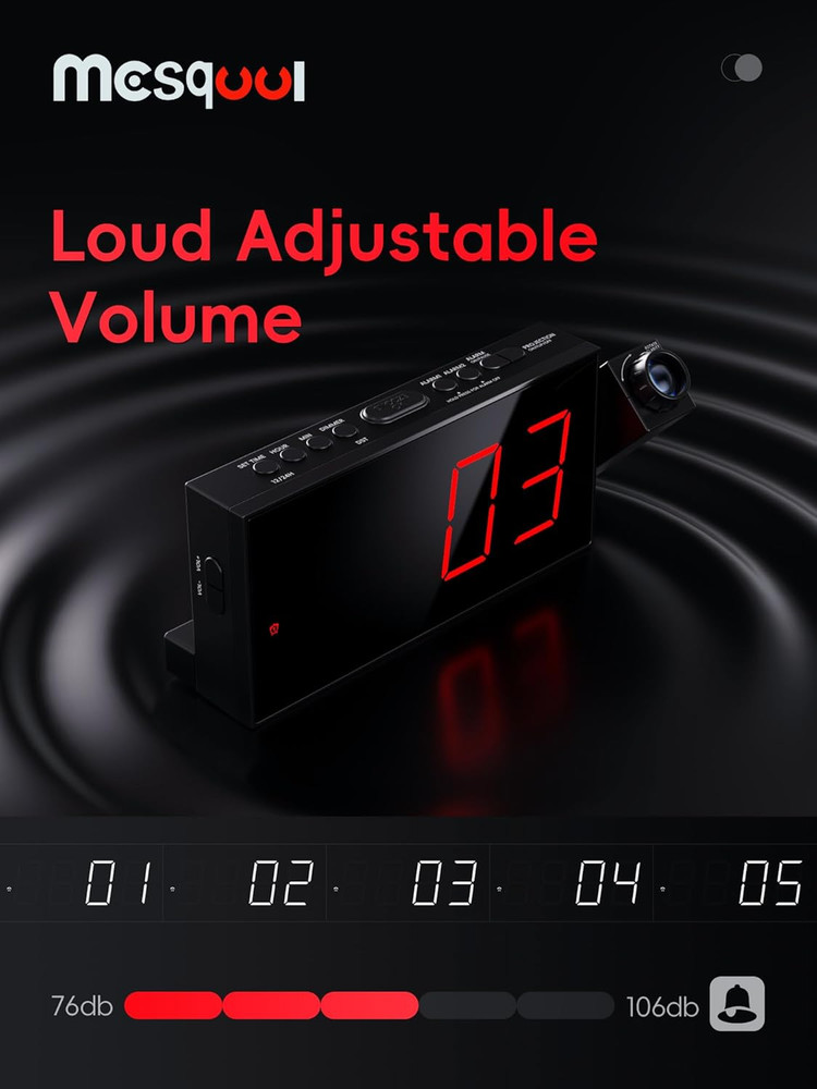 Projection Alarm Clock, Digital Clock with 180° Rotatable Projector, 5-Level Bri