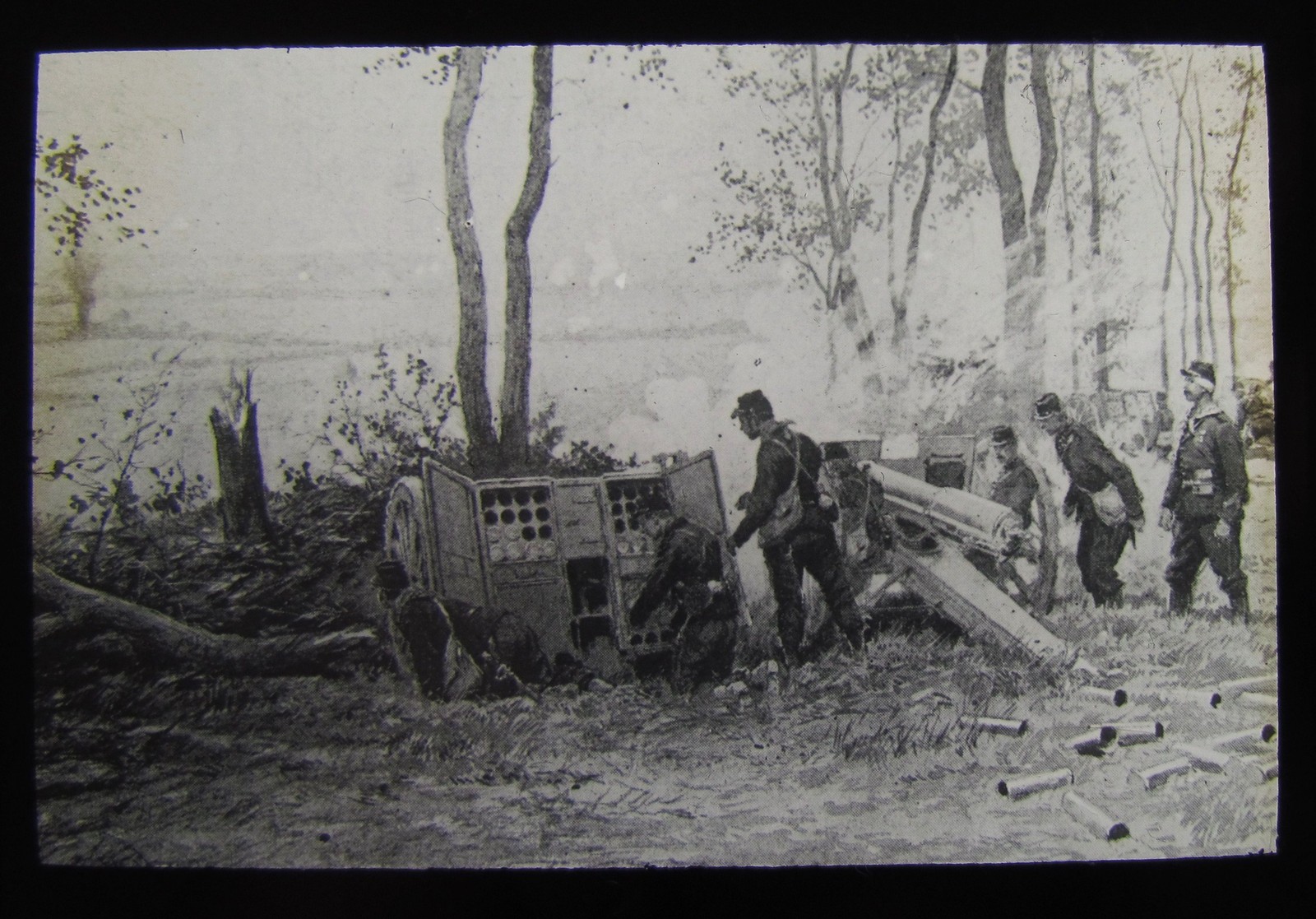 Glass Magic Lantern Slide FRENCH 75MM GUNS IN ACTION WW1 DRAWING