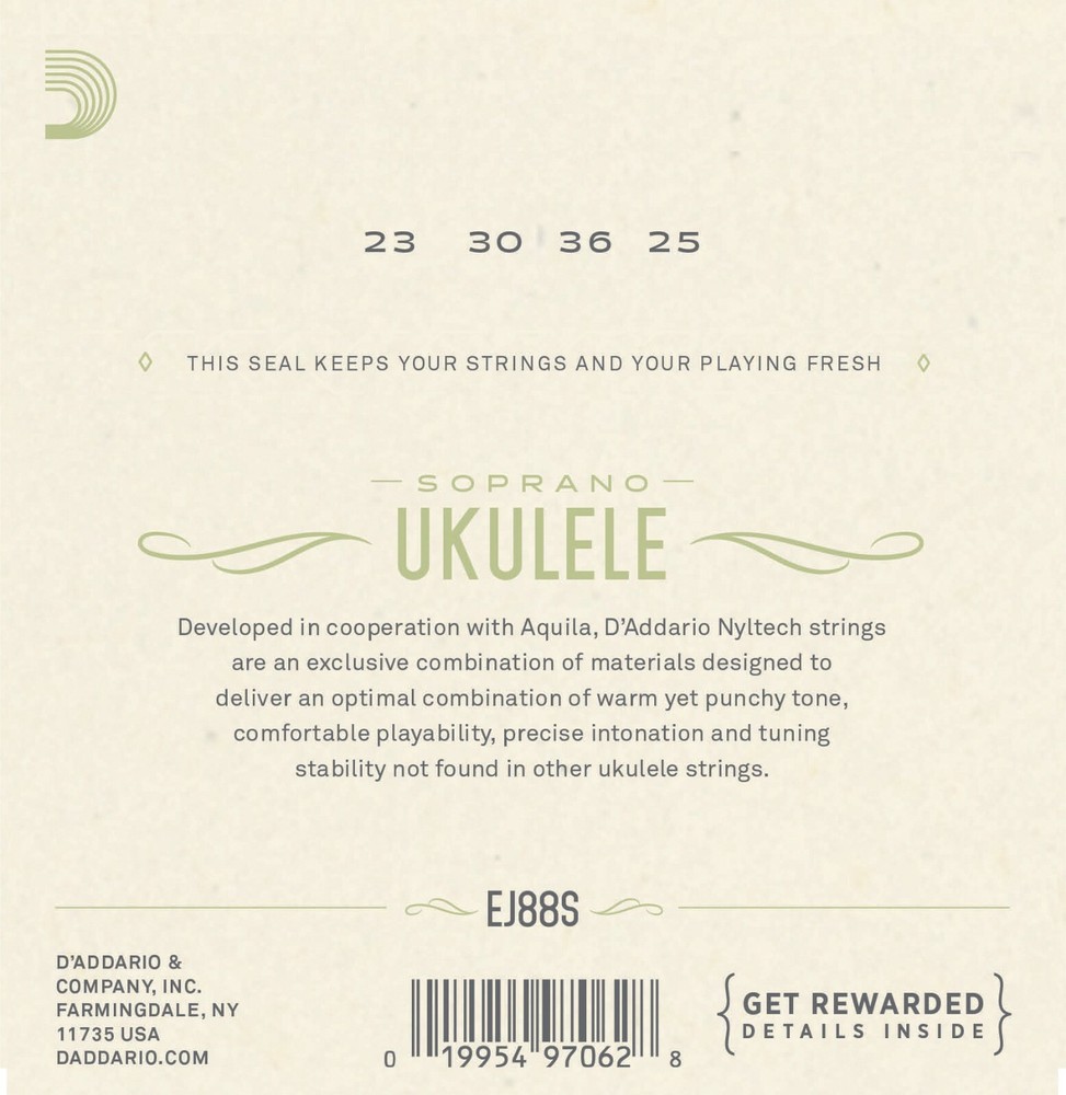 D'Addario EJ88S Nyltech Ukulele Soprano Uke G-C-E-A tuning