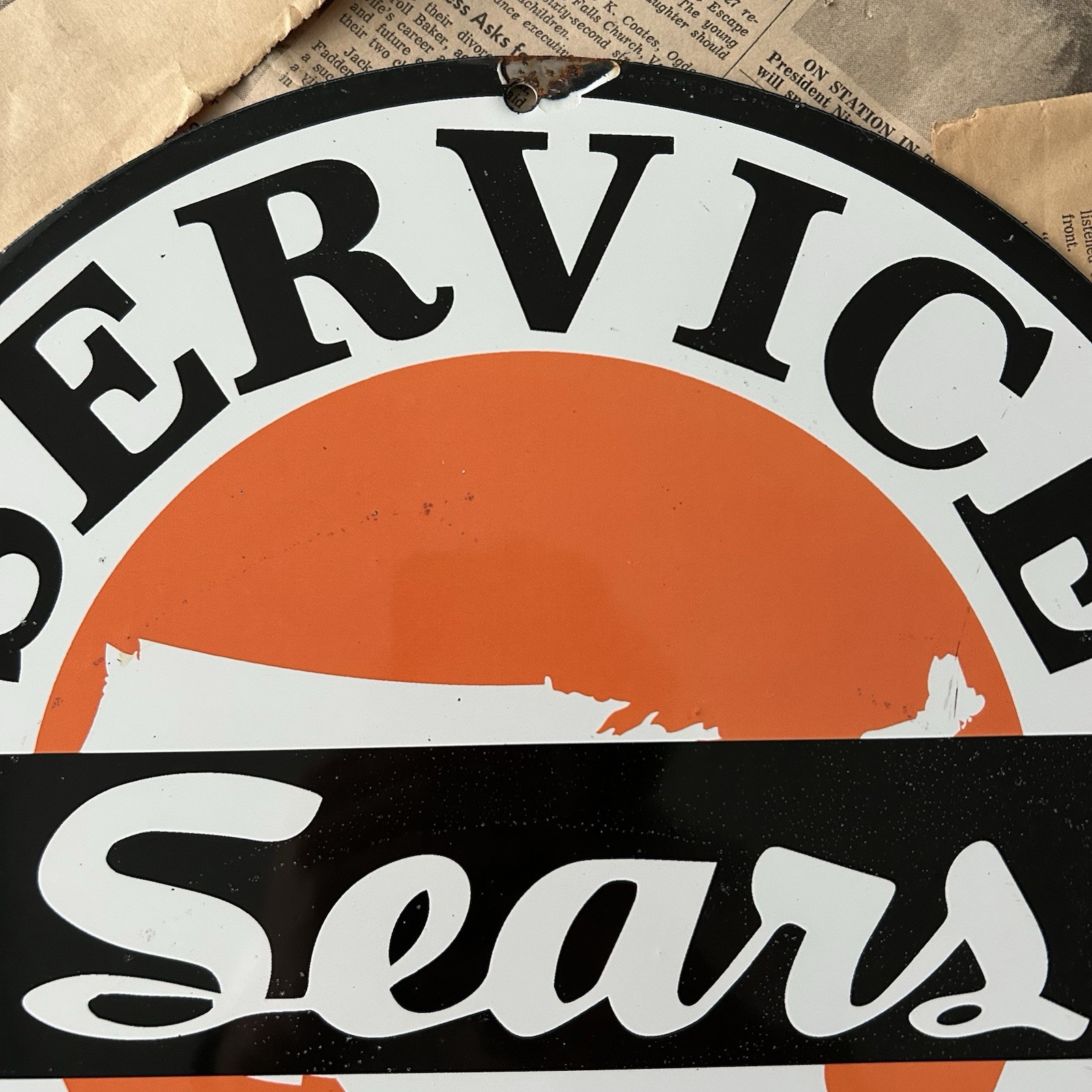 VINTAGE SEARS SERVICE STATION AUTO DEALER GAS OIL 12 INCH PORCELAIN ENAMEL SIGN