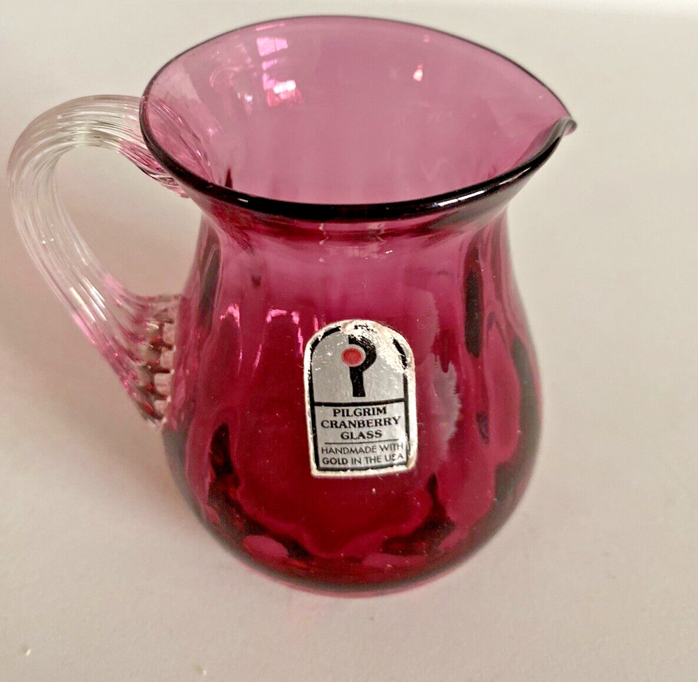 Pilgrim Glass ~ Cranberry ~ Mini Pitcher w/ Clear Applied Handle ~ 3.5"