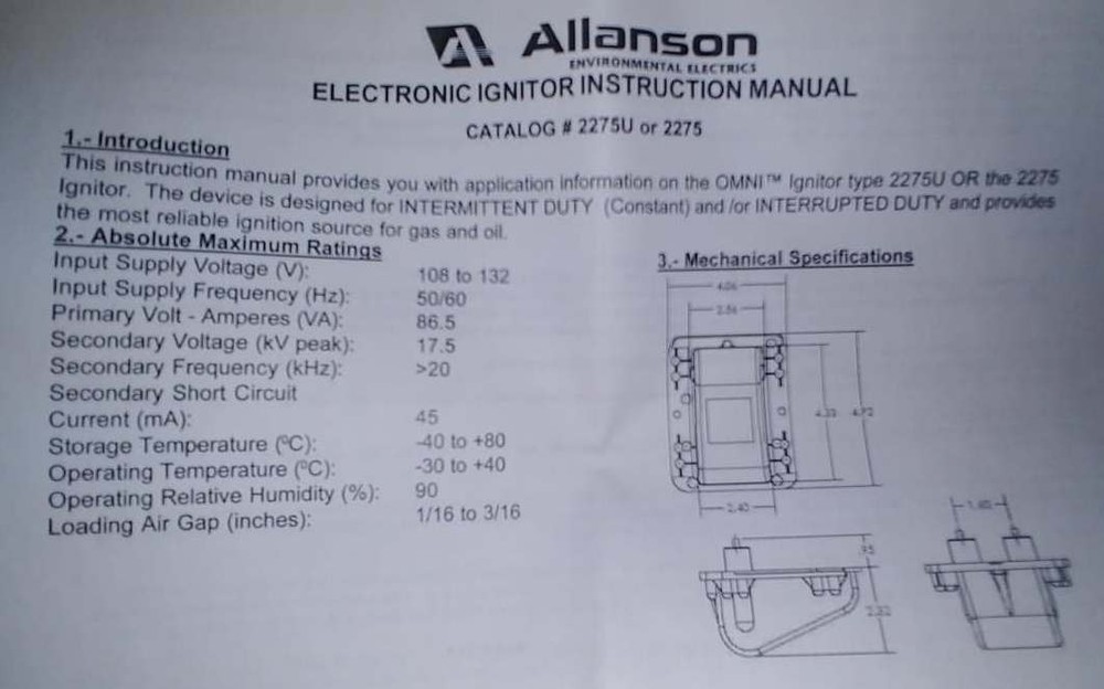 Wayne HS Blue Angel Eagle Electronic Transformer Ignitor Allanson 2275-647