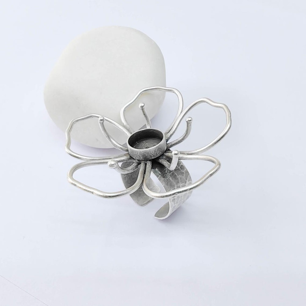 Flower Ring Blank Setting Cabochon Mounting Adjustable Antique Silver 10mmG37935