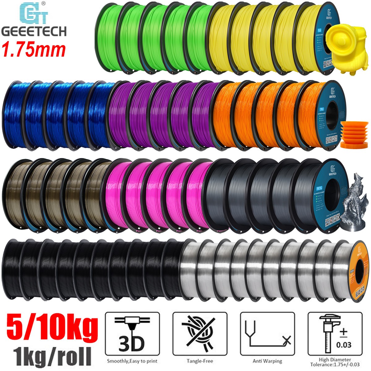 5/10kg GEEETECH 3D Printer Filament PLA PETG TPU ABS+ Filament 1.75mm 1kg/roll