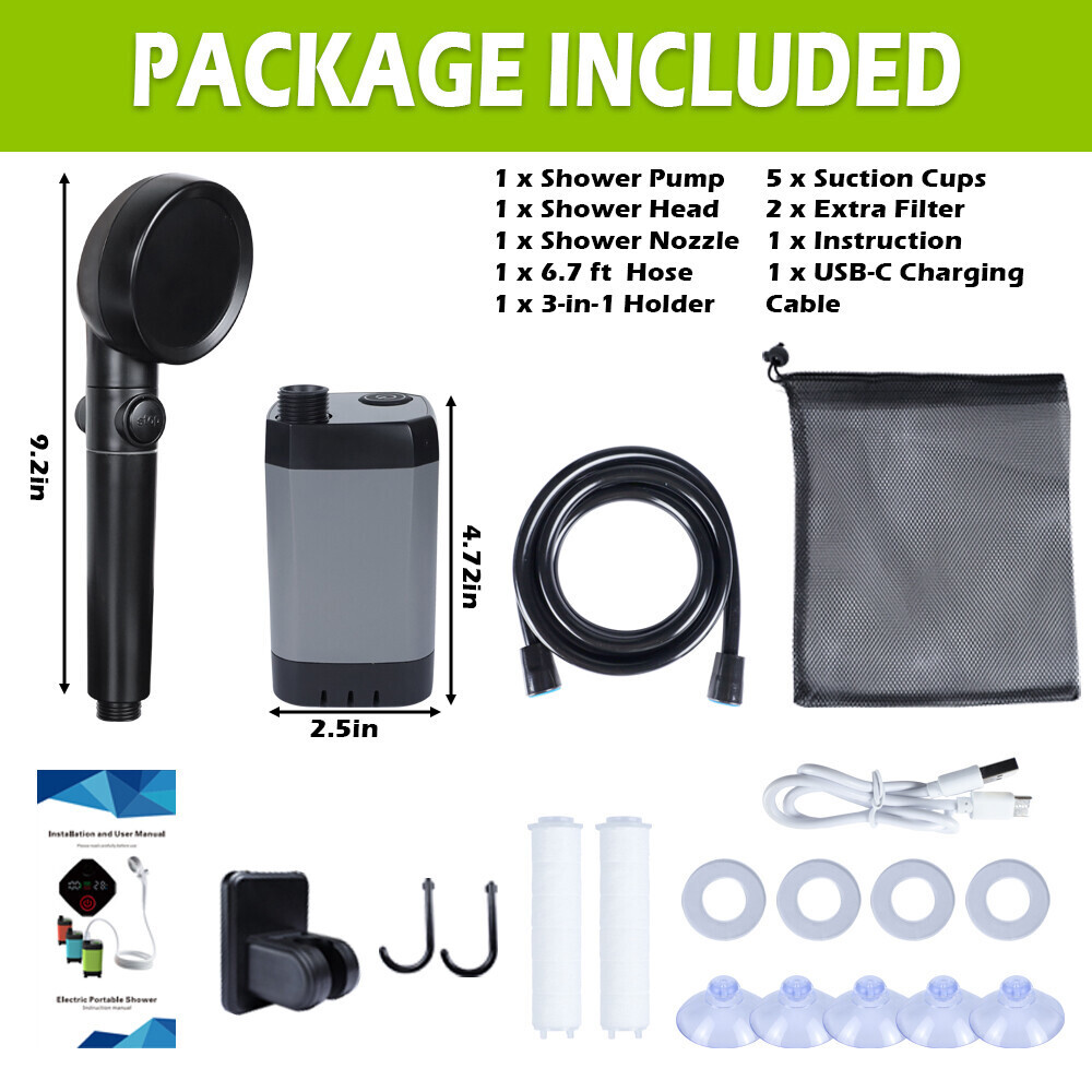 Portable Camping Shower 6000mAh Rechargeable Filter Pump Outdoor Hiking Travel
