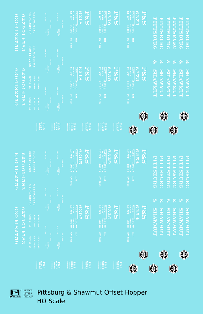 K4 HO Scale Decals Pittsburg and Shawmut Offset Twin Hopper White