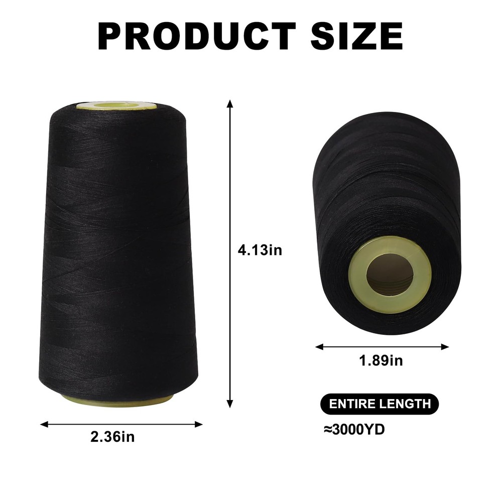 Sewing Thread Cone Set 2 Pack Serger 3000 Yards Each All Purpose Black Machine