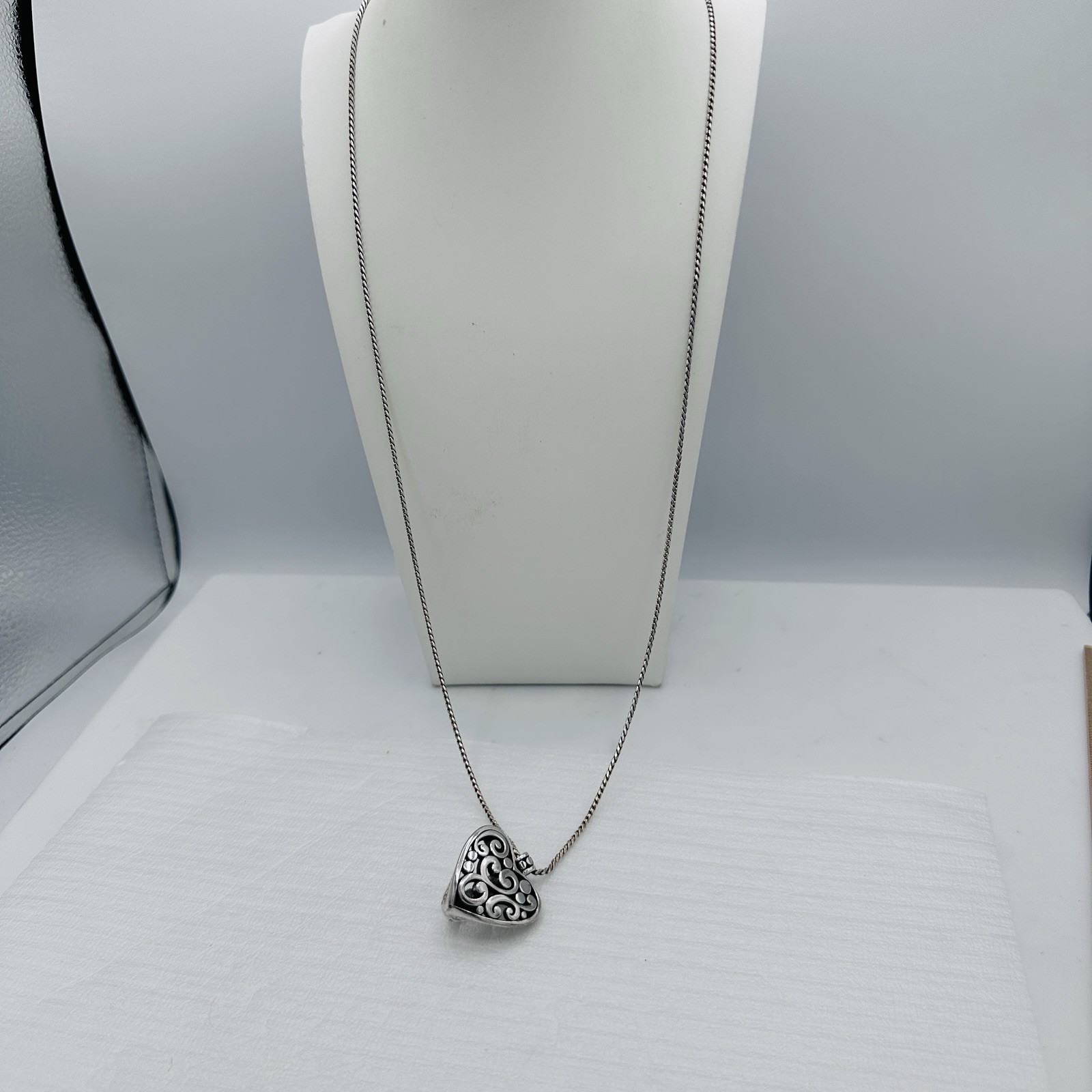 Brighton Silver Filigree Heart ID Badge Clip Lanyard Necklace Long 32"