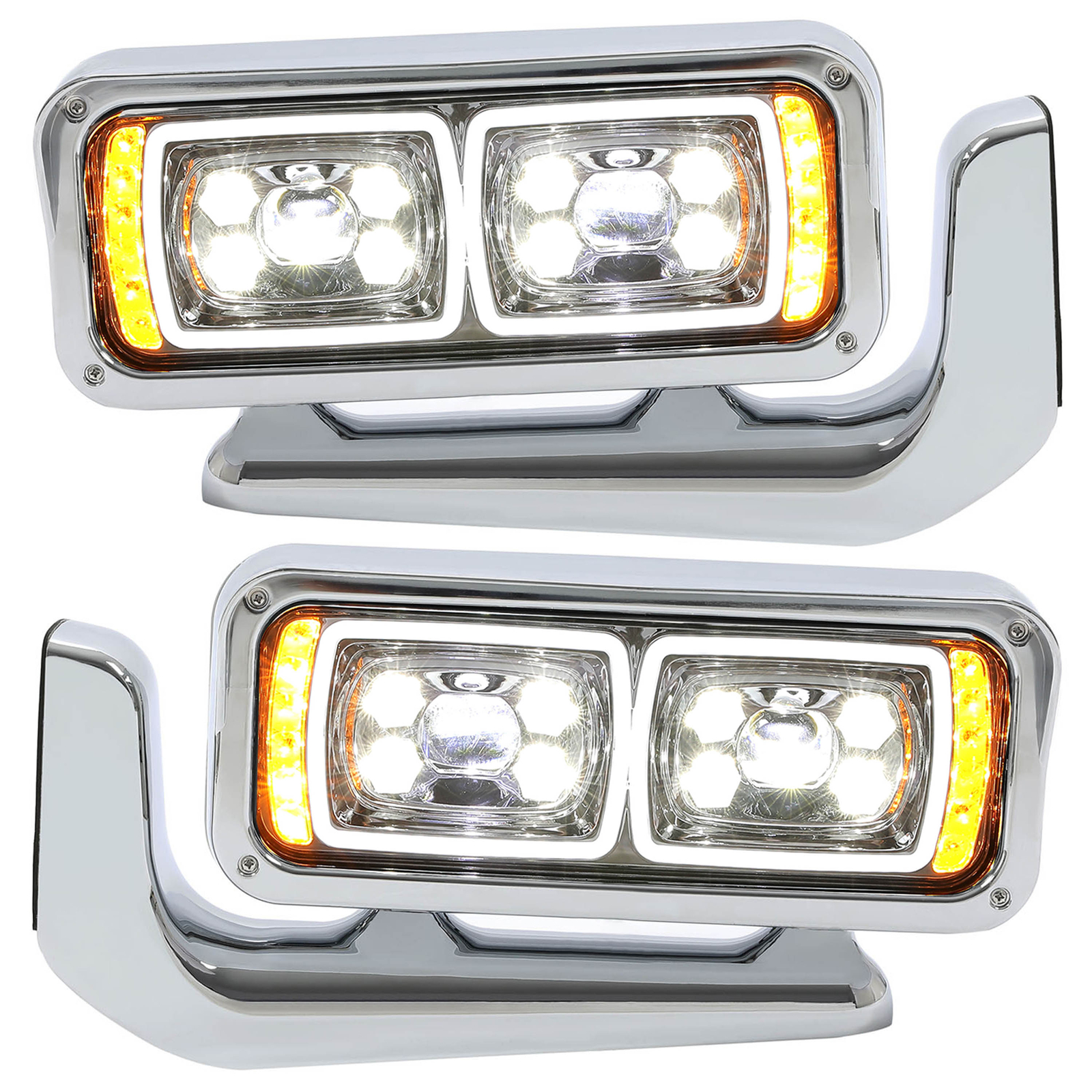 LED Signal Chrome Projector Headlights w/Mounting Arms For Peterbilt 359 379 389