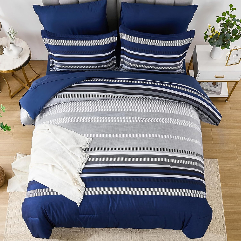 Navy Blue Queen Comforter Set 7 Pieces, Boho Striped Bed in a Bag Queen Size Sof