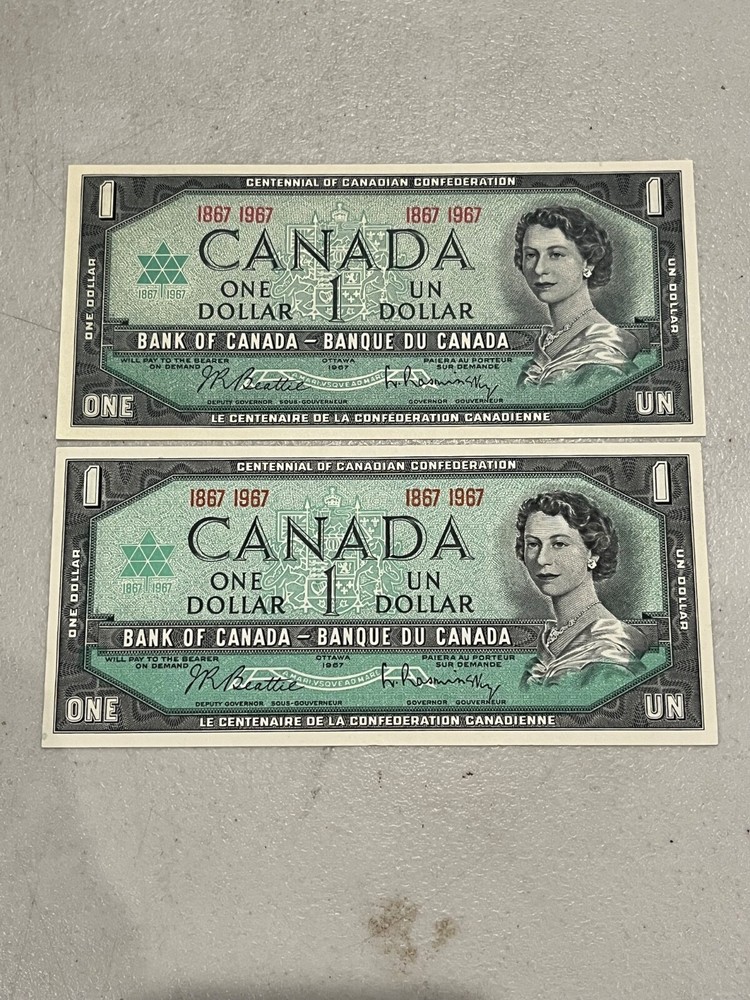 1937 Canada Two Dollar Note, Pair Crisp Unc 1967 Canada One Dollar Notes