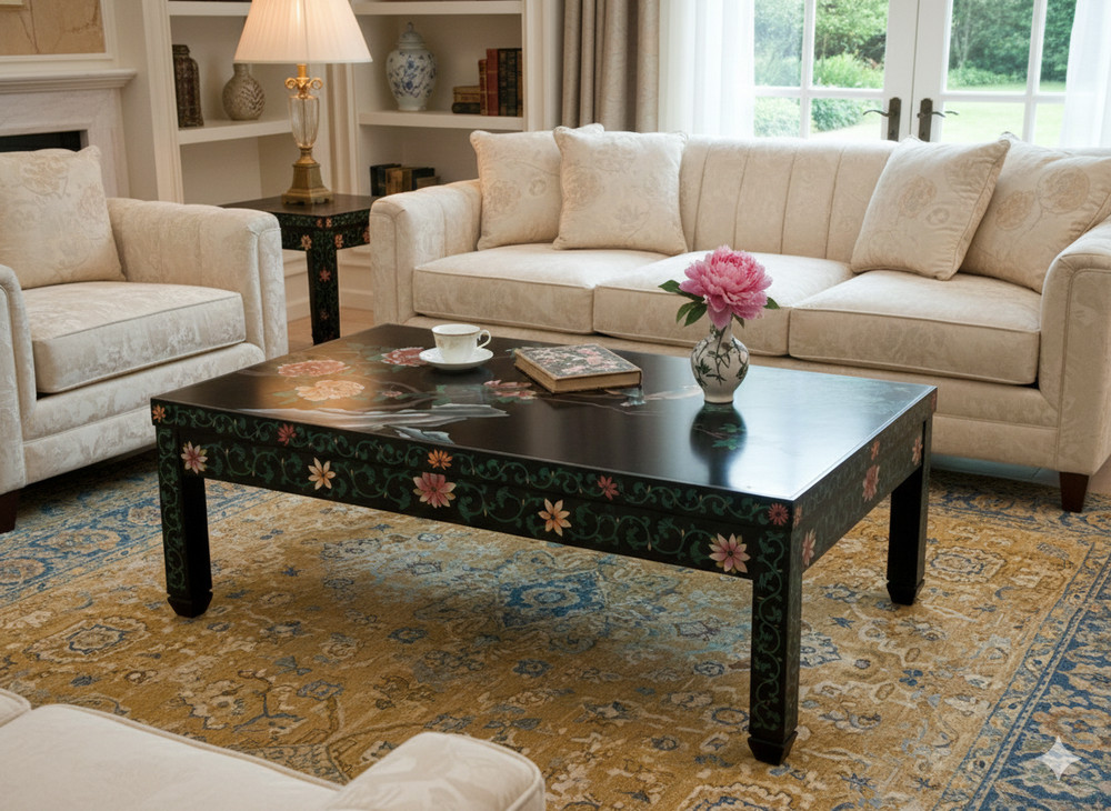 Chinese Black Lacquer Flower Birds Graphic Rectangular Low Coffee Table GB144
