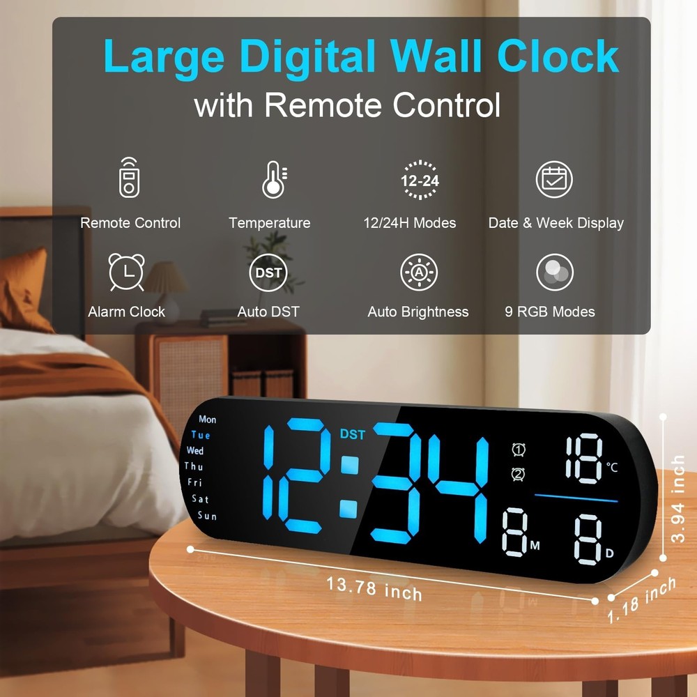13.7" Digital Wall Clock Large Display with Remote Control, LED Large Digital...