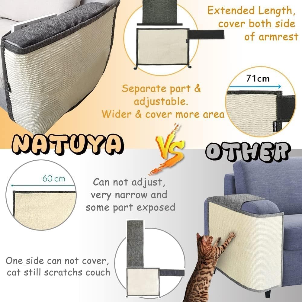 All Gray Cat Scratch Protector - Large Sisal Sofa Arm Shield for Right Side