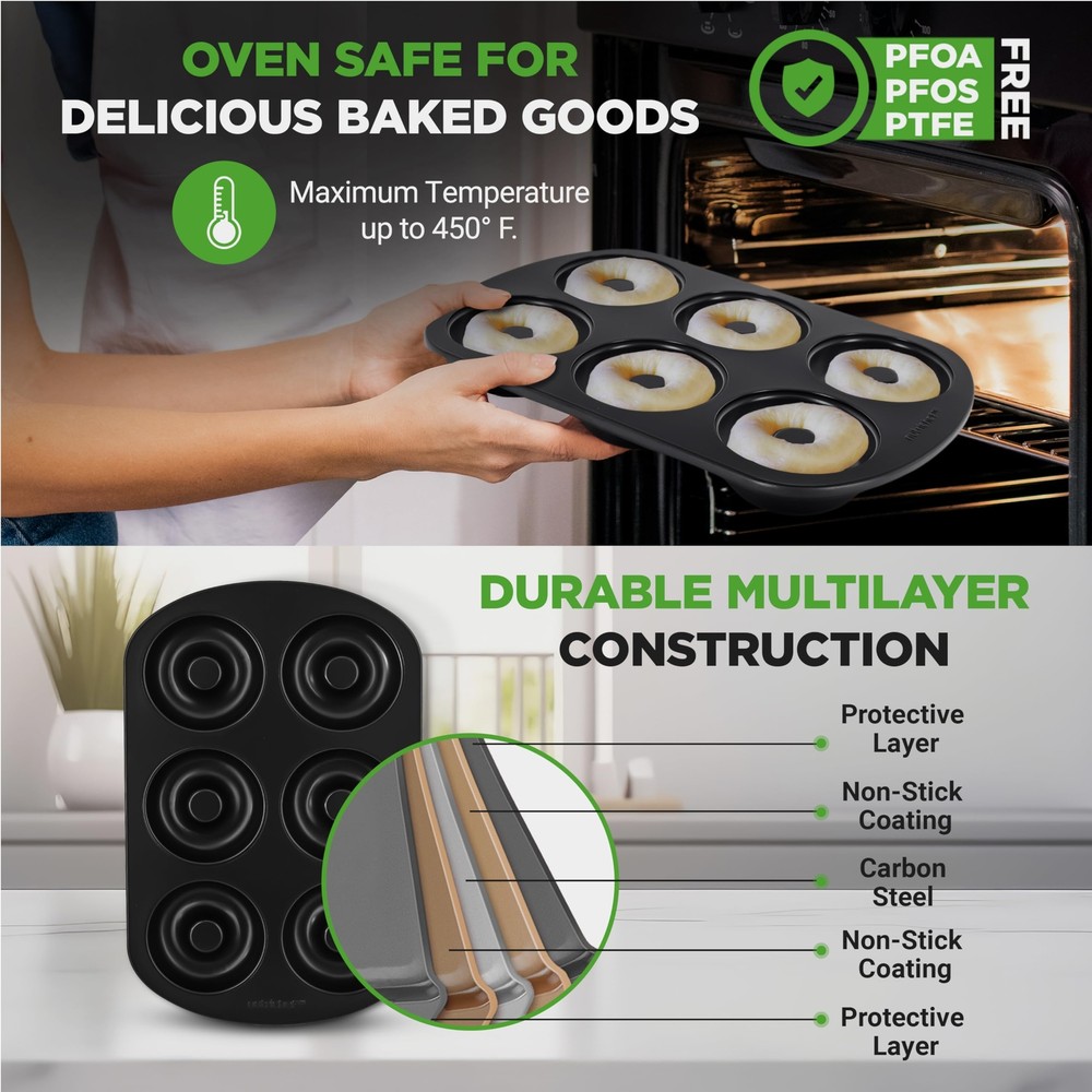 NutriChef Nonstick Donut Pans for Baking (6 Doughnut Molds) - 2 Pack