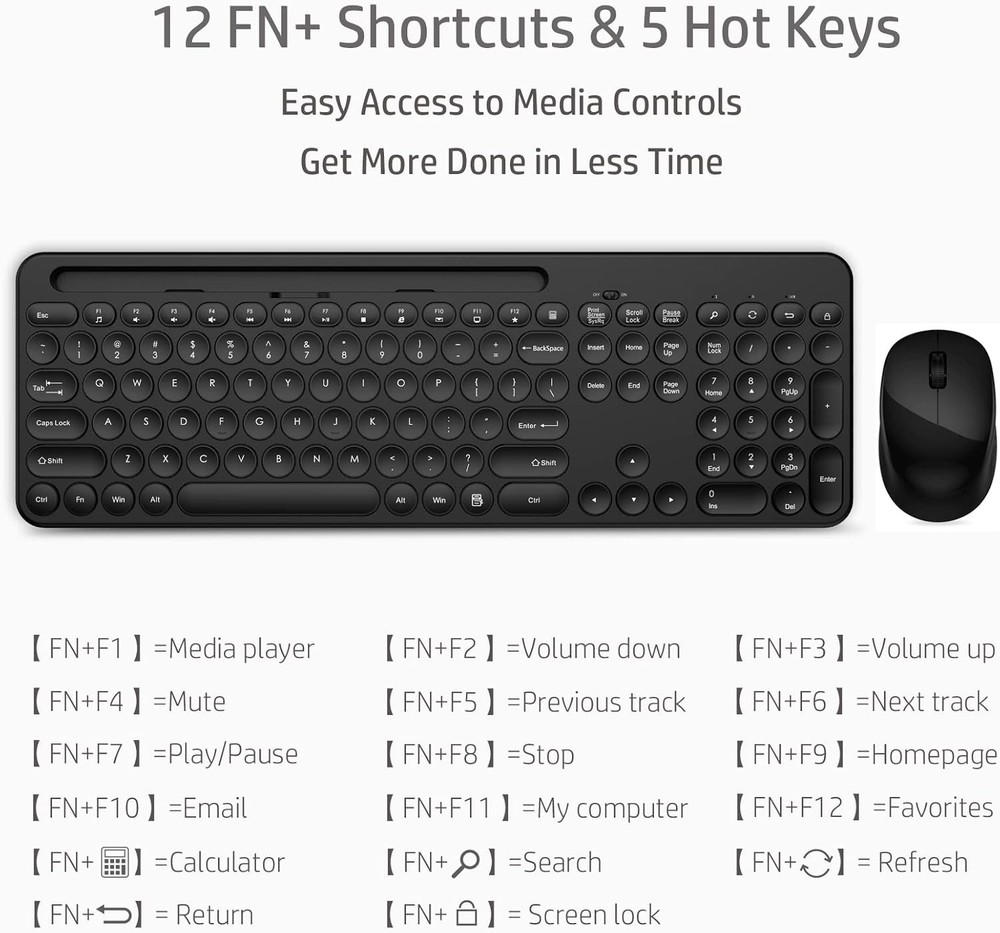 Wireless Keyboard and Mouse Combo with Phone and Tablet Holder (BLACK)