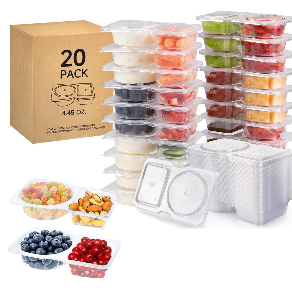20 Sets Reusable Snack Containers with Lids,2-Compartment Small, Transparent