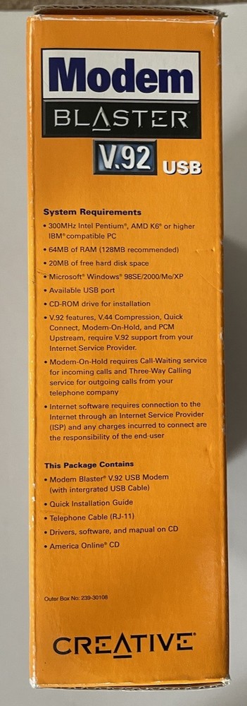 CREATIVE MODEM BLASTER V.92 USB SERIAL 756296056718 Complete with box