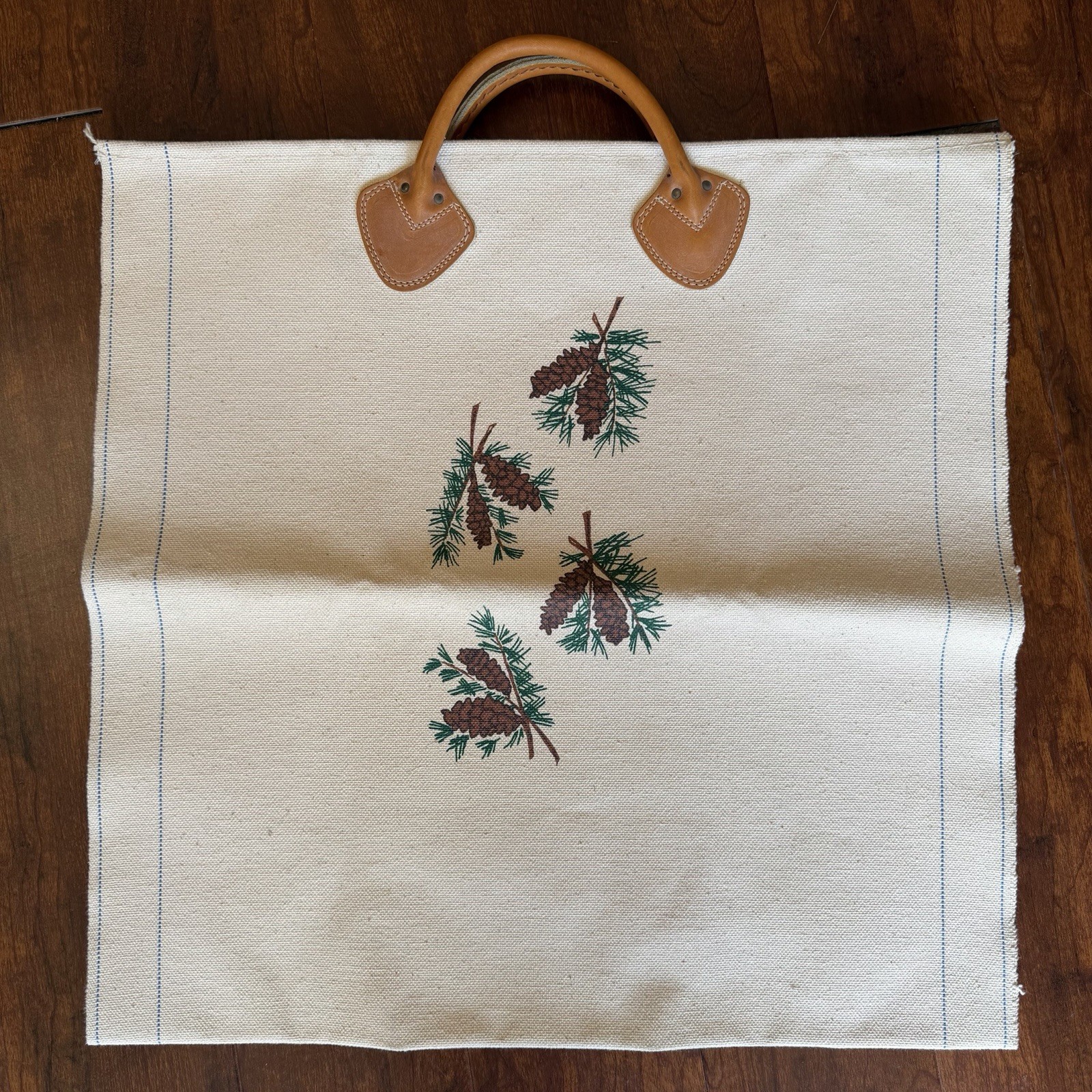 L.L.Bean Canvas Firewood Holder Carrier Pine Cone Design Leather Handles Vintage