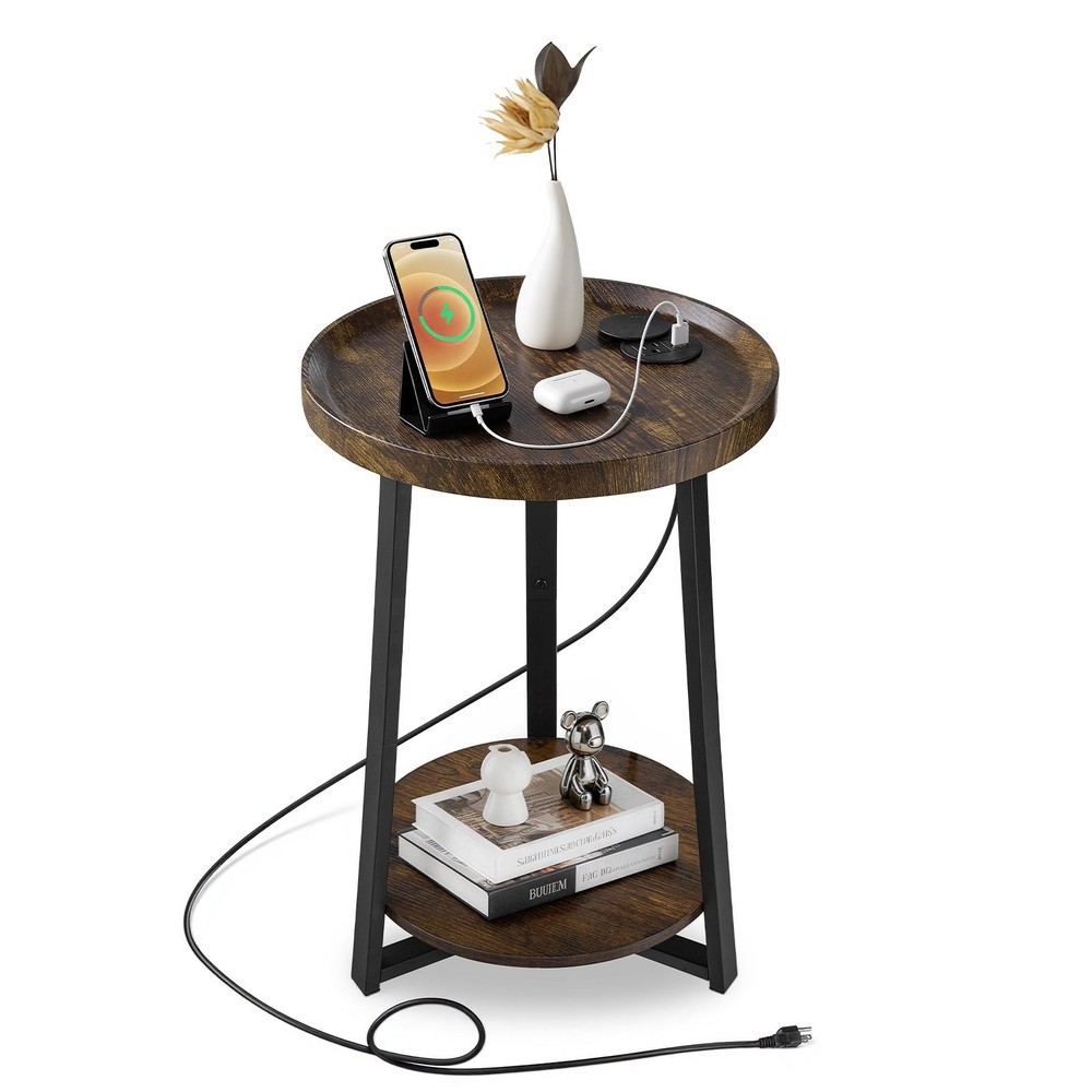 [New]End Table, 2-Tier Round Side Table with Open Storage Shelves, Modern Nights