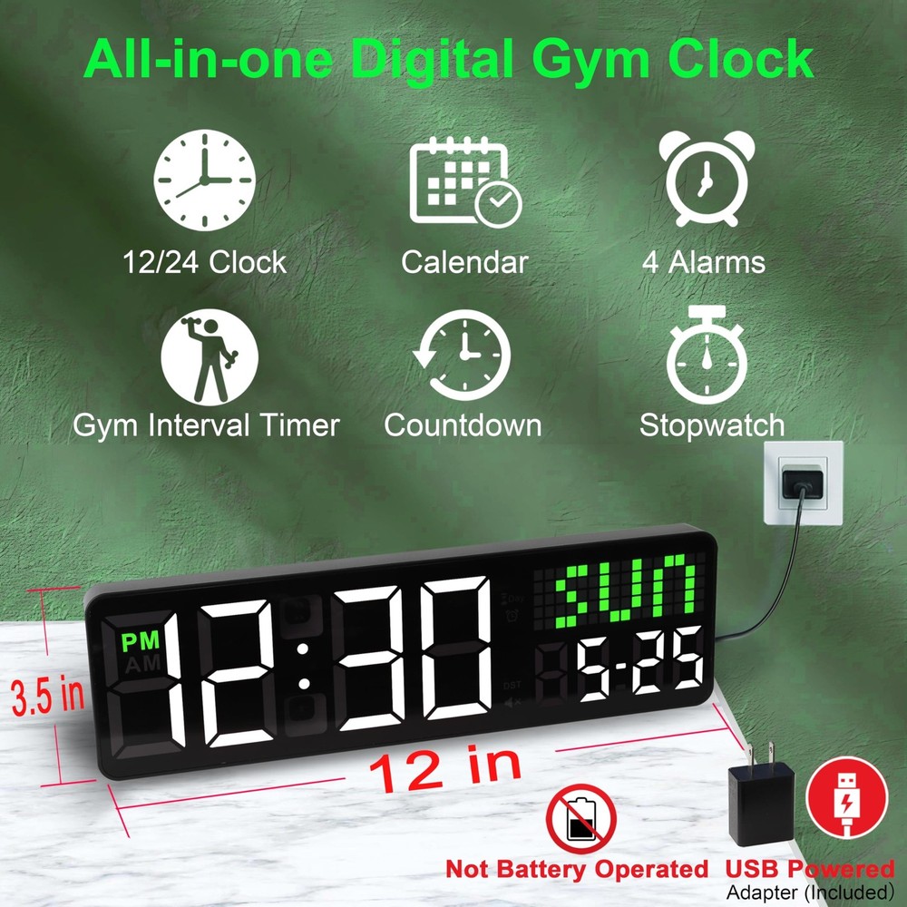 12'' Gym Timer, Interval Workout Clock for Home Gym Digital Wall Clock with S...