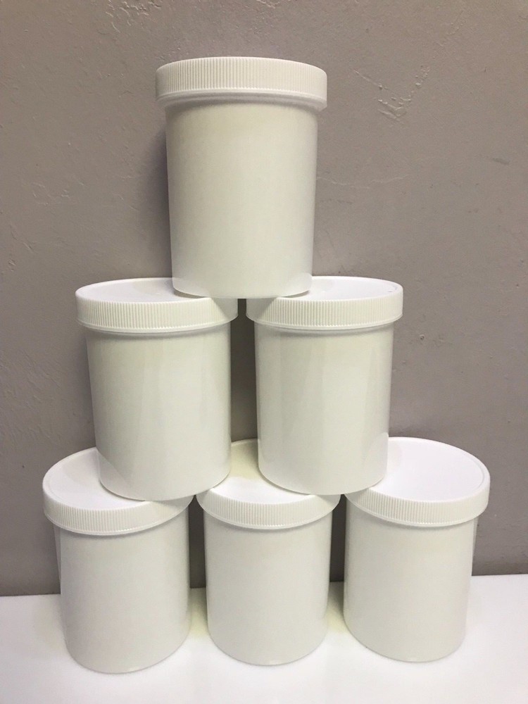 WHITE 16 oz POLYPROPYLENE PLASTIC REFILLABLE JARS w/ unlined lids, 6 each