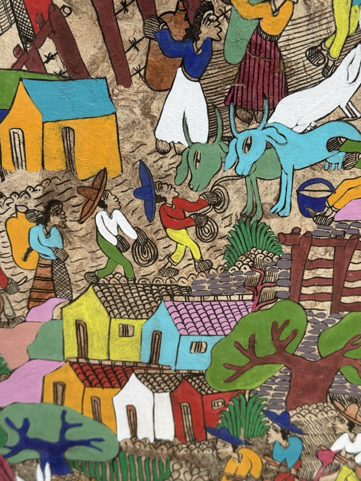 3 large Framed Mexican Folk Art On Bark Paper Hand Painted JMZ