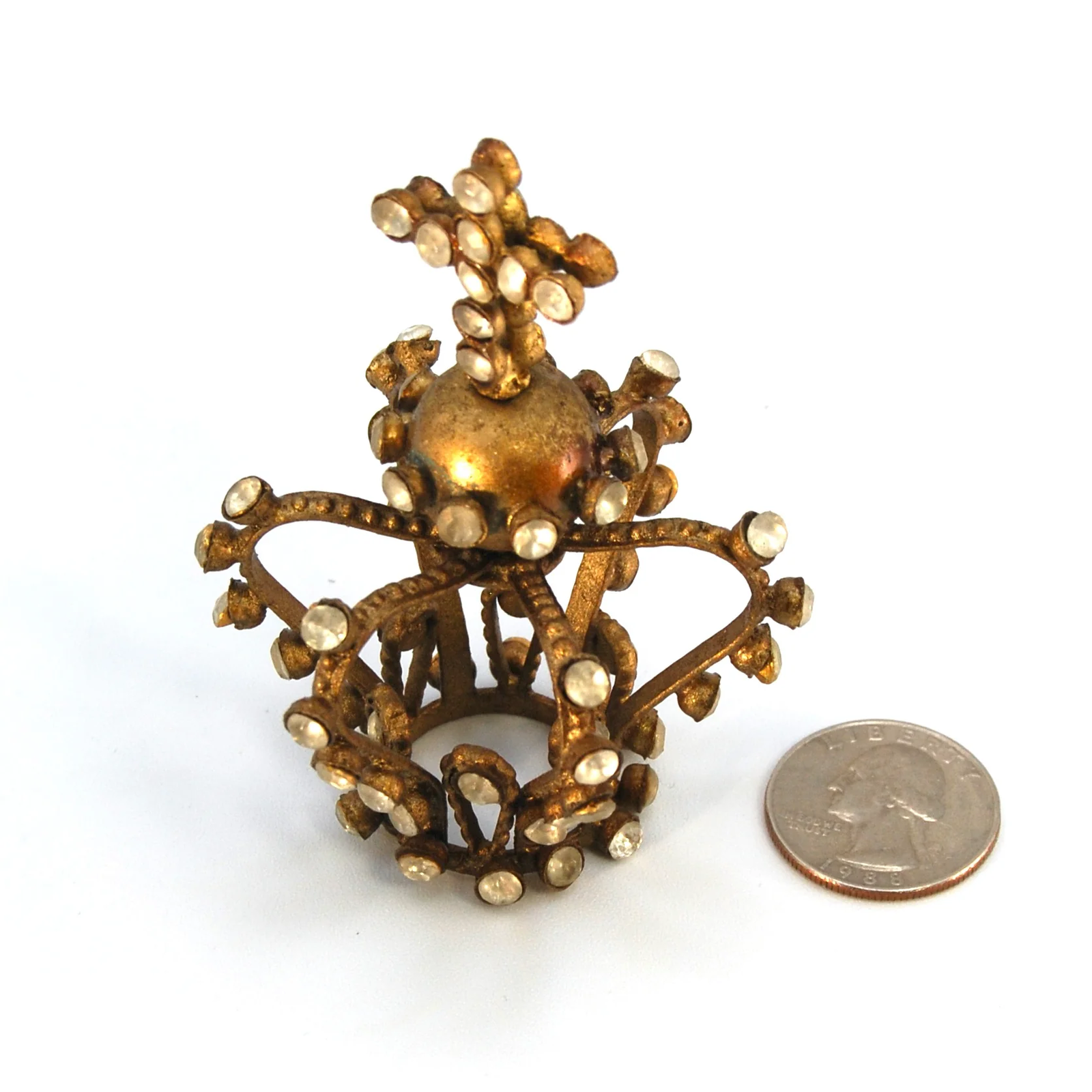 1in Tiny Jeweled Santos Kings Crown, Ornate Antiqued Gold Rhinestone Orb and Cro