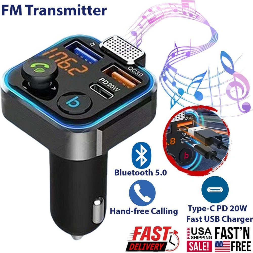 Bluetooth 5.0 Car Wireless FM Transmitter Adapter Type-C PD Charger AUX