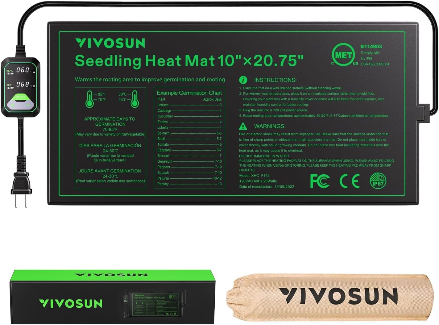 VIVOSUN 10"x20.75"Seedling Heat Mat w/Built-in Temperature Controller,Waterproof