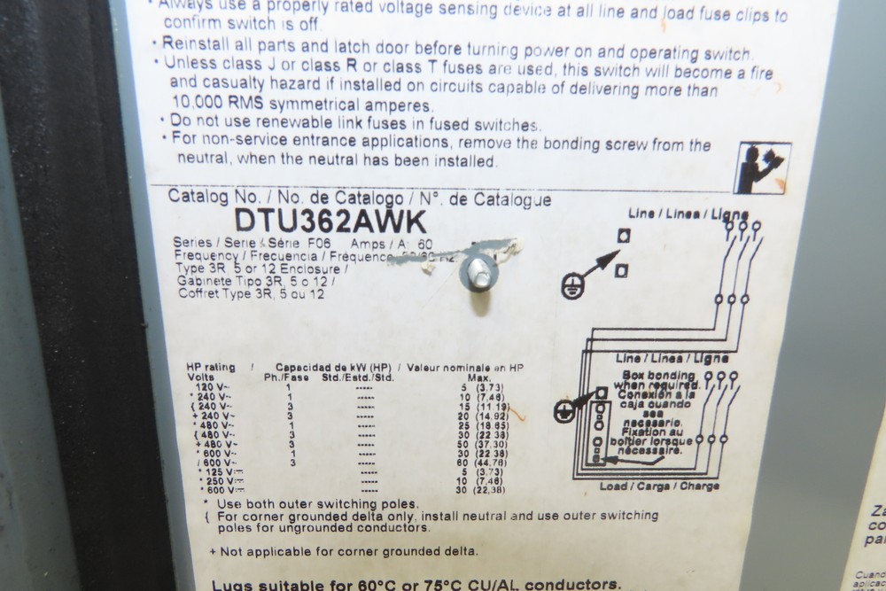 Square D DTU362AWK Double Throw Disconnect Switch Transfer 60A 600V 3 Ph