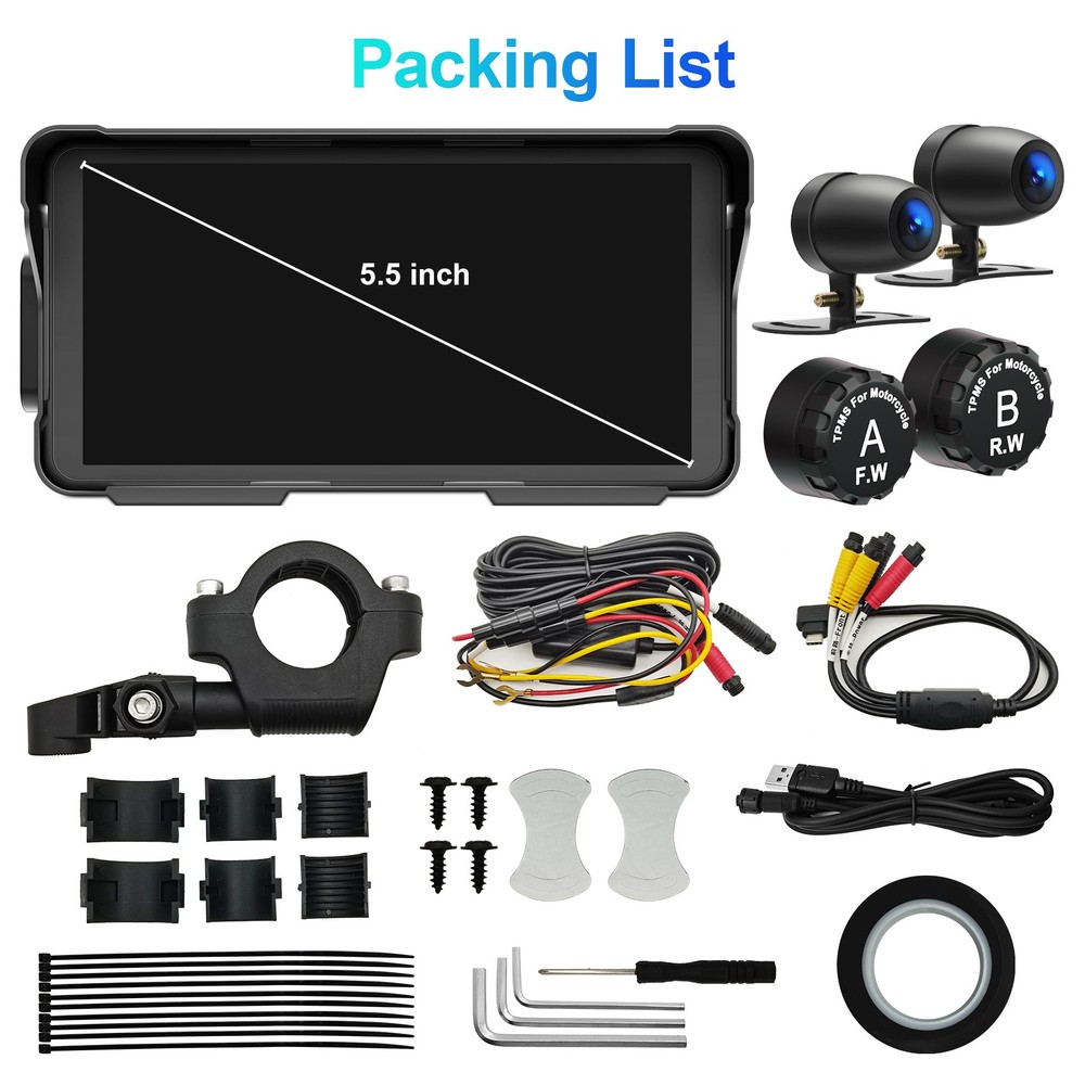 5.5" Motorcycle Carplay Screen Wireless Android Auto Dash Cam TPMS Touchscreen