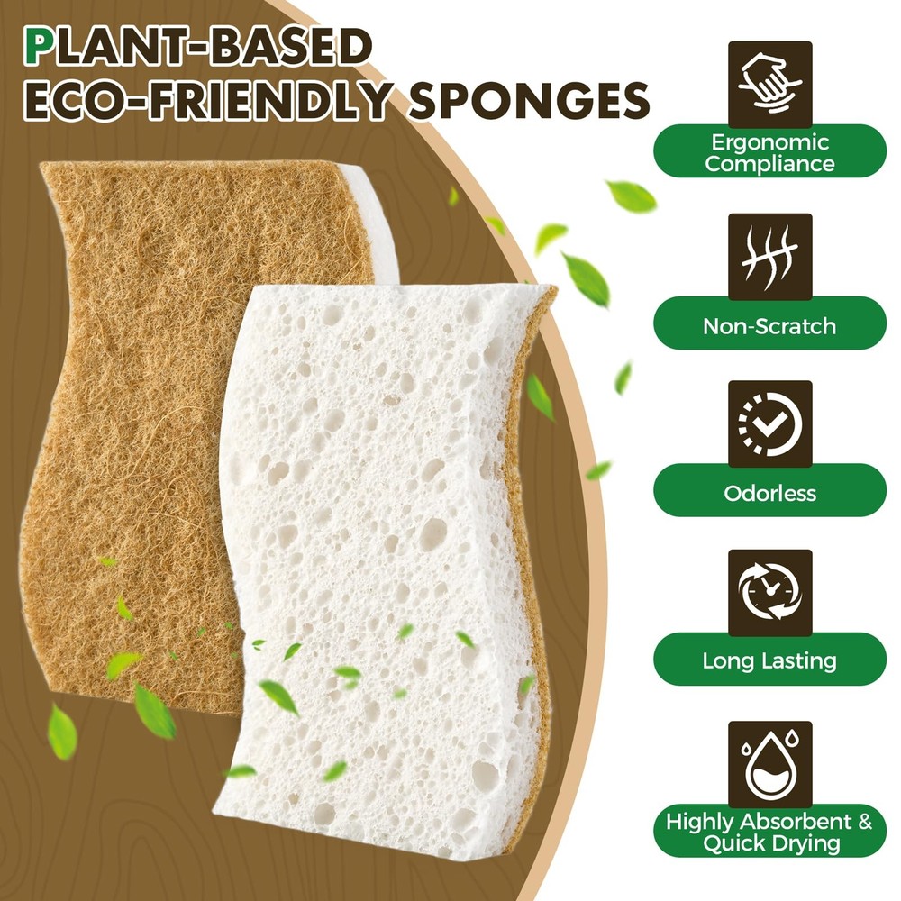 12 Pack Natural Biodegradable Kitchen Non Scratch Sponges,Compostable Plant B...
