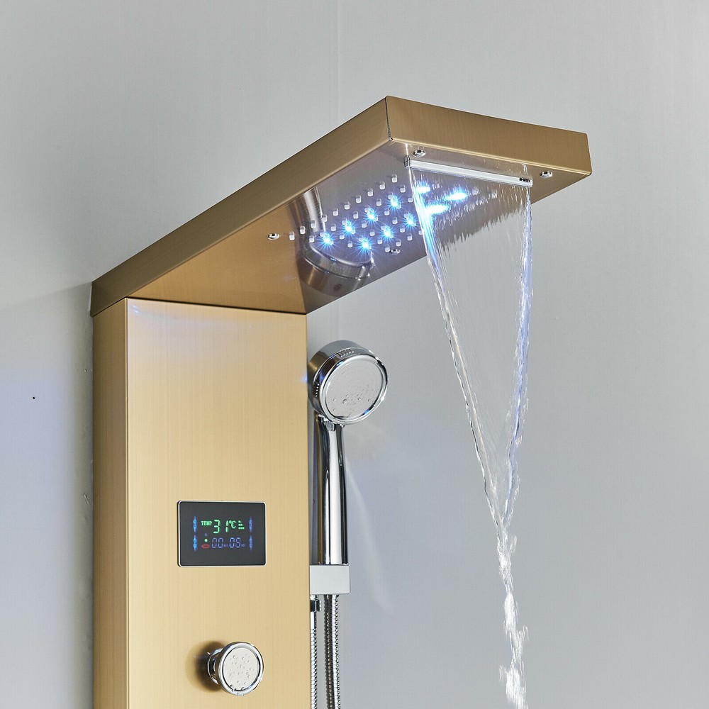 Brushed Gold Shower Panel Tower System Shower Tower Set with LED Rainfall Head