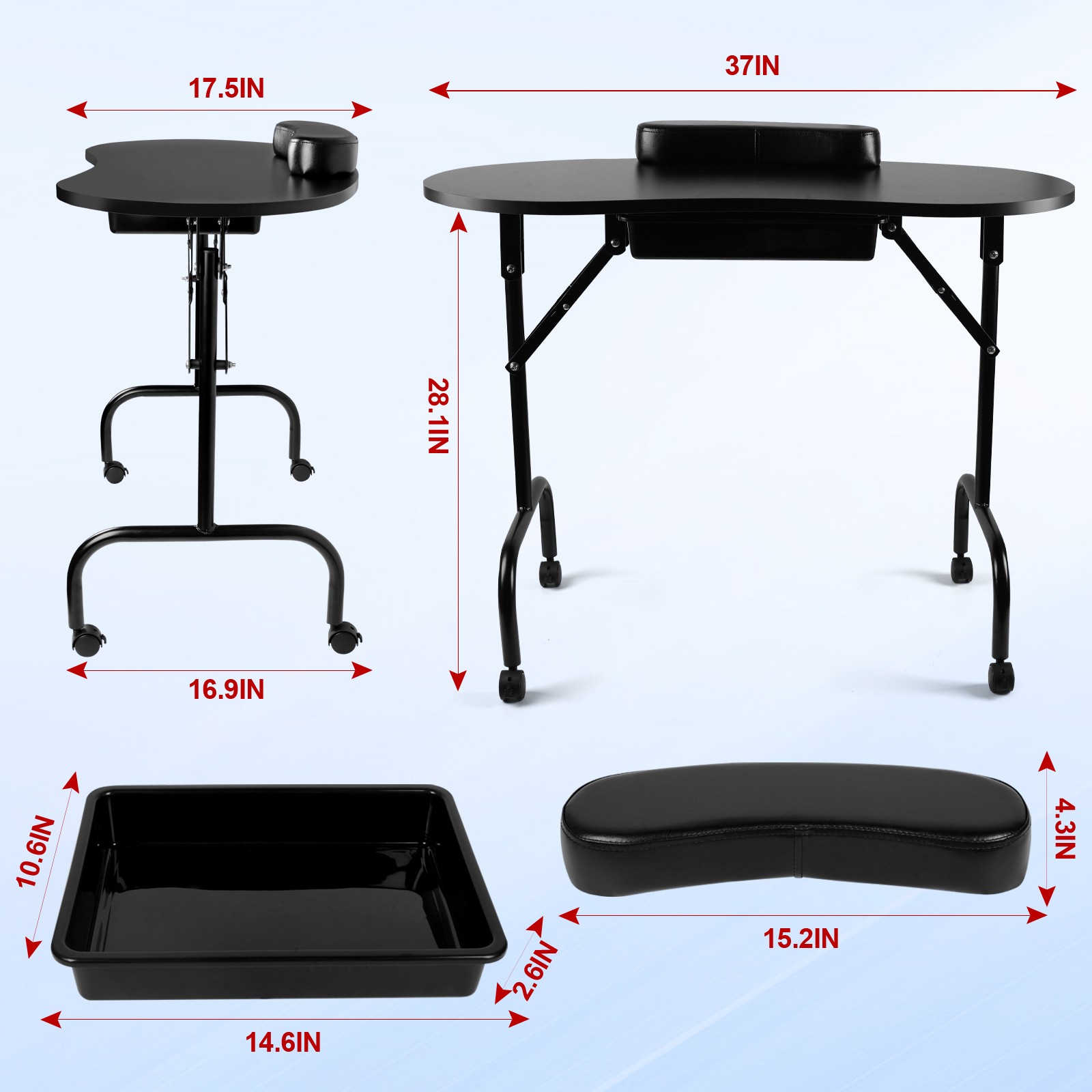 Black Portable Manicure Table Folding Nail Desk Beauty Salon Spa w/Wheels & Bag