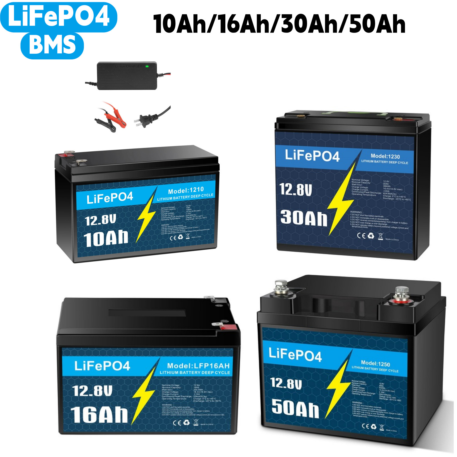 LiFePO4 Battery 12V 10Ah 30Ah 50Ah with BMS for RV Trolling Motor with Charger