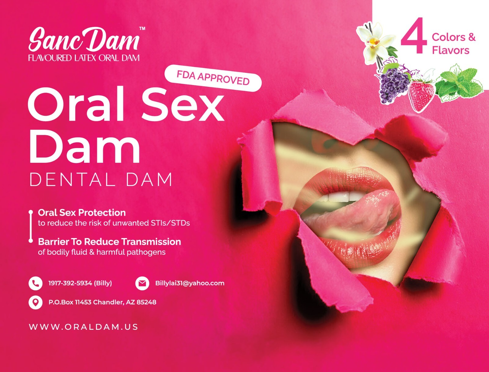 4 Flavored SancDam Ultra-Thin Oral Sex Dam W/Elastic Strap Belt (Dental Dams)