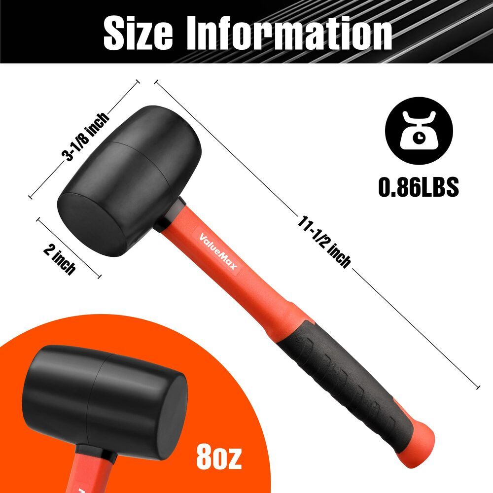 ValueMax Rubber Mallet Hammers 8oz Double-Faced Soft Mallet w/Fiberglass Handle