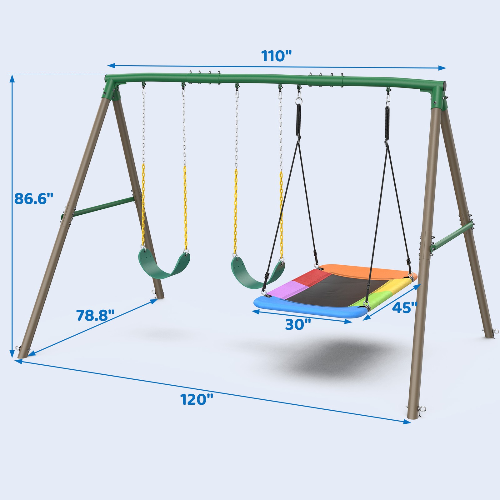 600lb 7.3ft Heavy Duty Frame Metal Swing Set w/3 Swings for Kids Outdoor Playset