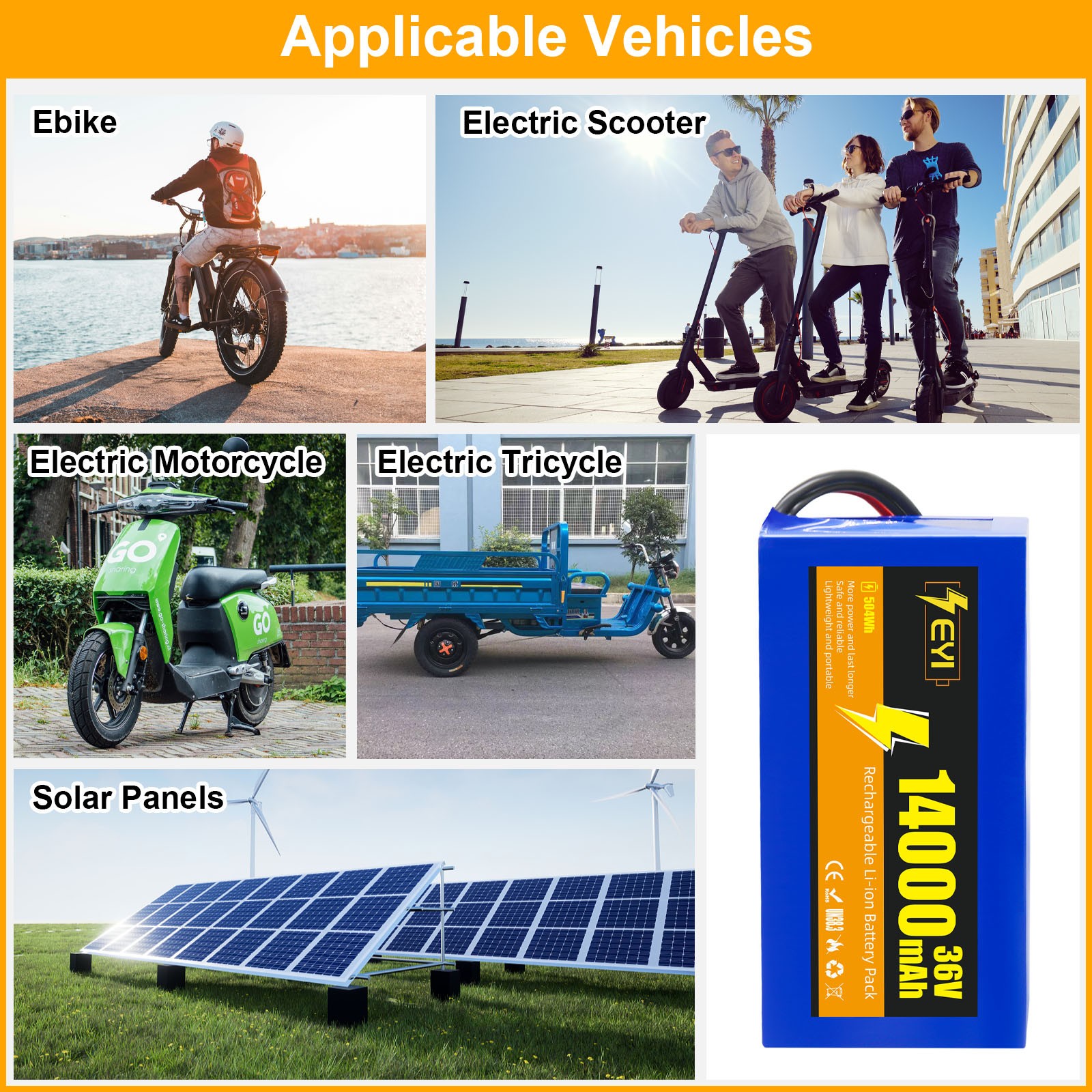 36V 14Ah Rechargaeble Lithium Battery Pack, for 0-1000W Motor