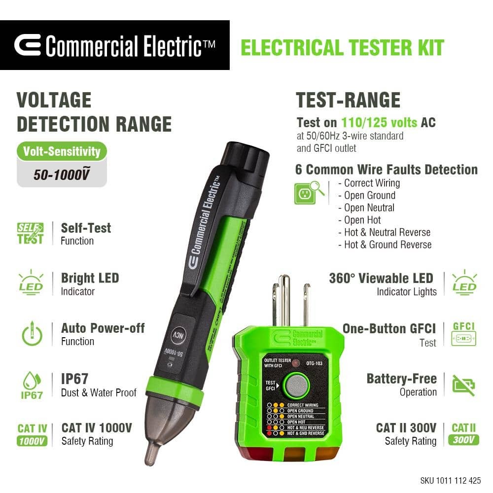 Commercial Electric Digital Non-Contact Voltage and GFCI Receptacle Tester Kit