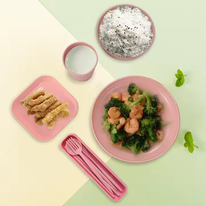 Pink Wheat Straw Dinnerware Set 16pcs/Set Durable - Reuseable