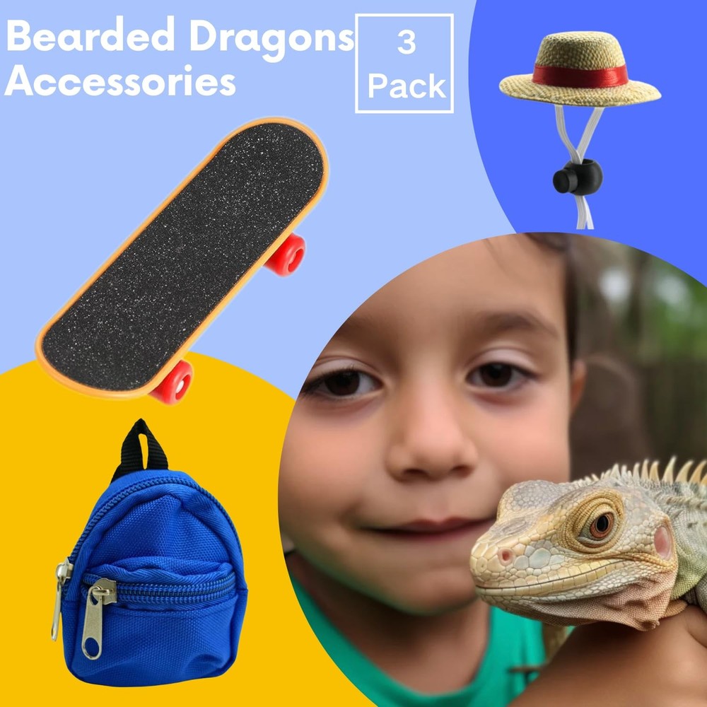3 Pack Bearded Dragons Lizard Backpack Adjustable Hat and Mini Skateboard Fit...