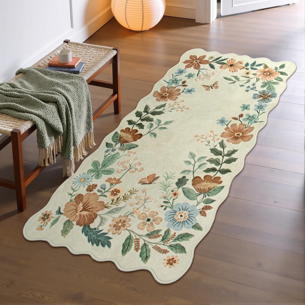 Lahome Floral Entryway Rug, 2x4 Washable Kitchen 2' x 4'（Rectangular）, Beige