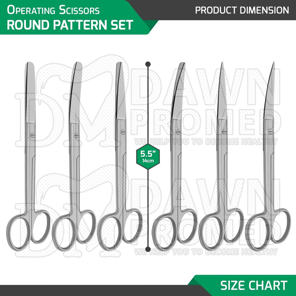 6 Pcs Operating Scissors 5.5" Straight & Curved Round Pattern Set German Grade