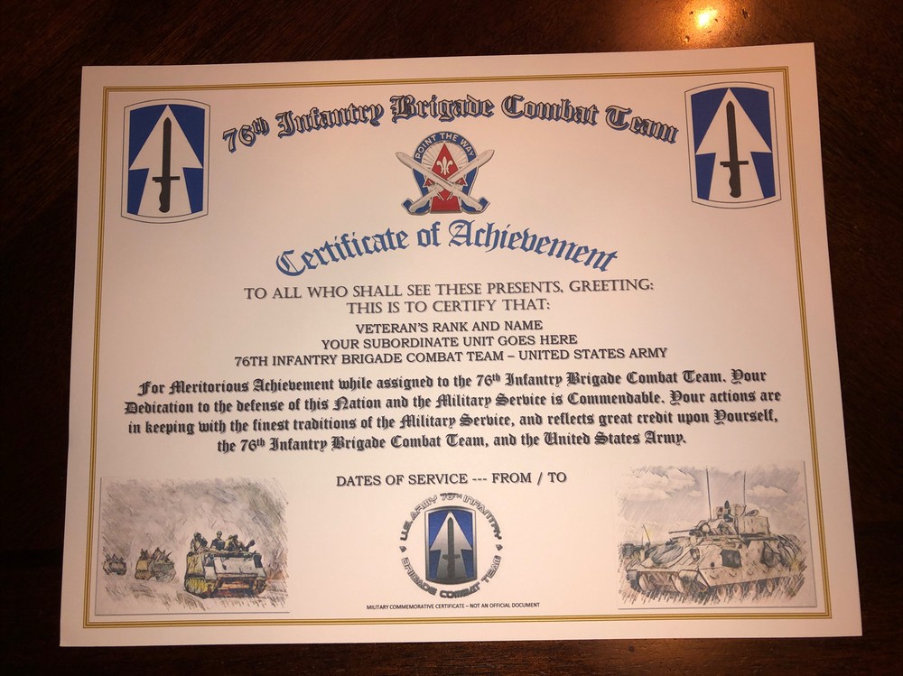 76TH INFANTRY BRIGADE COMBAT TEAM - COA / (COMMEMORATIVE CERTIFICATE)