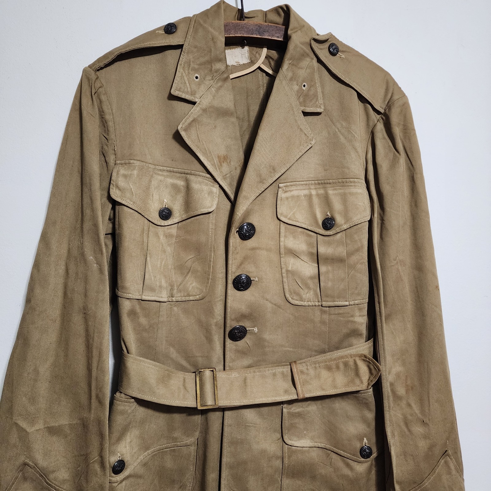 Vtg WWII US USMC Khaki Cotton Chino Service Coat Jacket M1942 Officer Belted