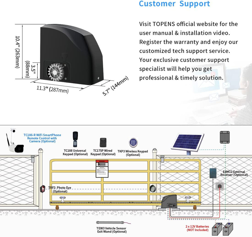 Electric Gate Operator Battery Powered with Solar Panel Remote Control Kit